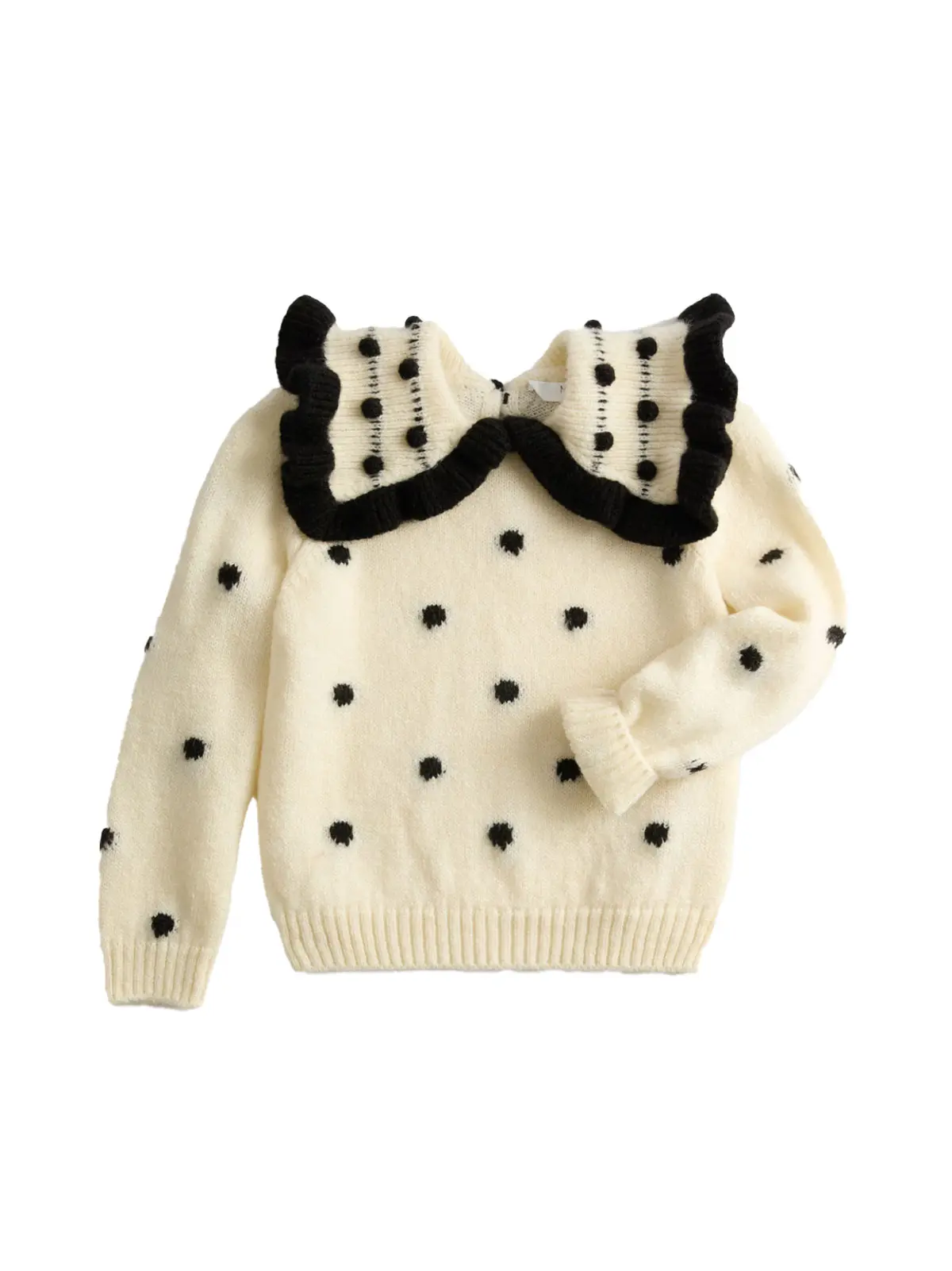 Girl's cream jumper with frilly collar and black polka dots 