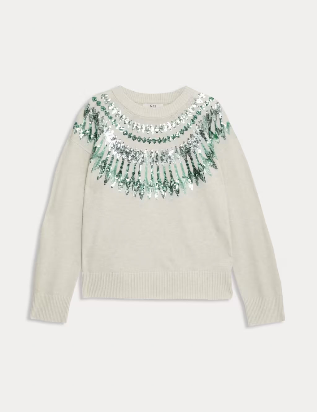 White and green sequinned Fair Isle Christmas jumper