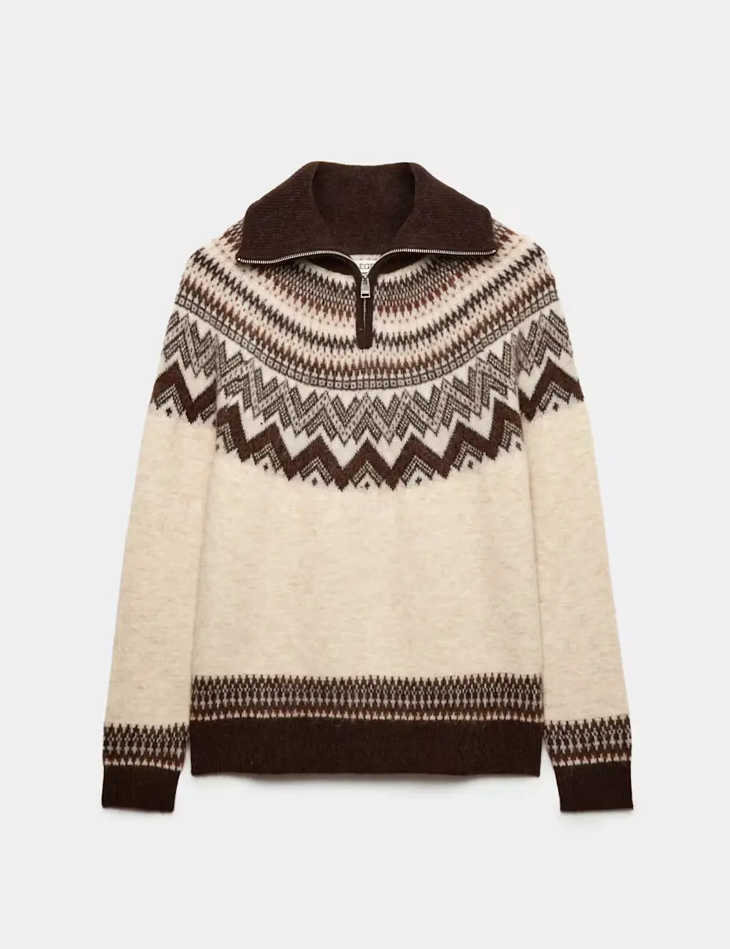 Alpaca cream jumper with a half zip and fair isle pattern.