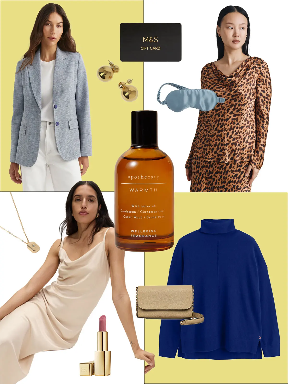 Collage of 3 women, perfume, gift card, blue jumper, eye mask, lipstick and jewellery