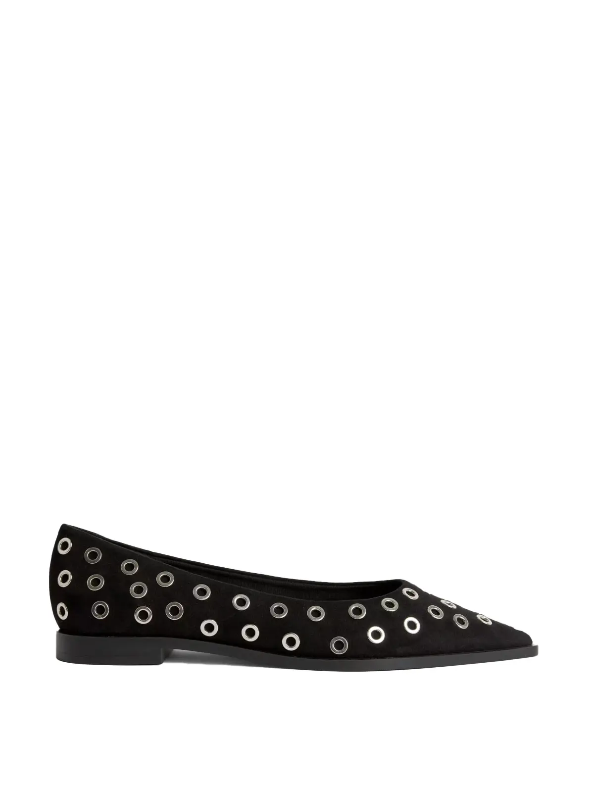 Black, studded flat shoe with a pointed toe