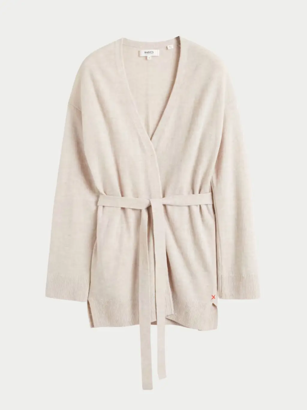 A Cream cashmere long cardigan with a belt tied around on a grey background