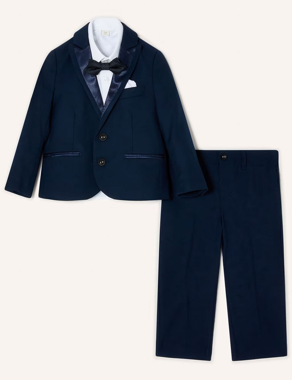 Kids' four-piece navy tuxedo suit with satin lapels