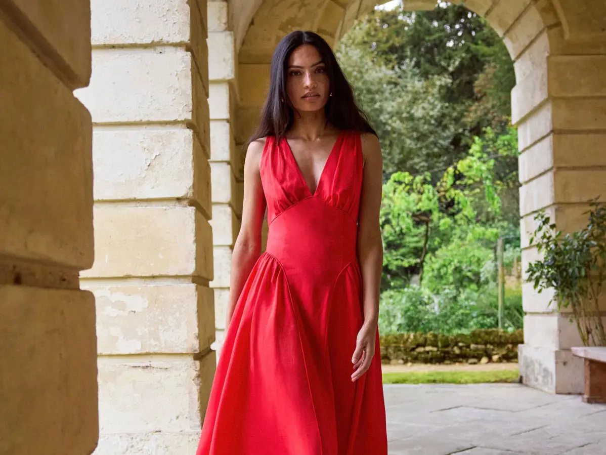 woman wearing red dress