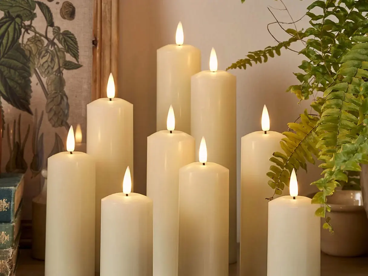 Several lit white pillar candles