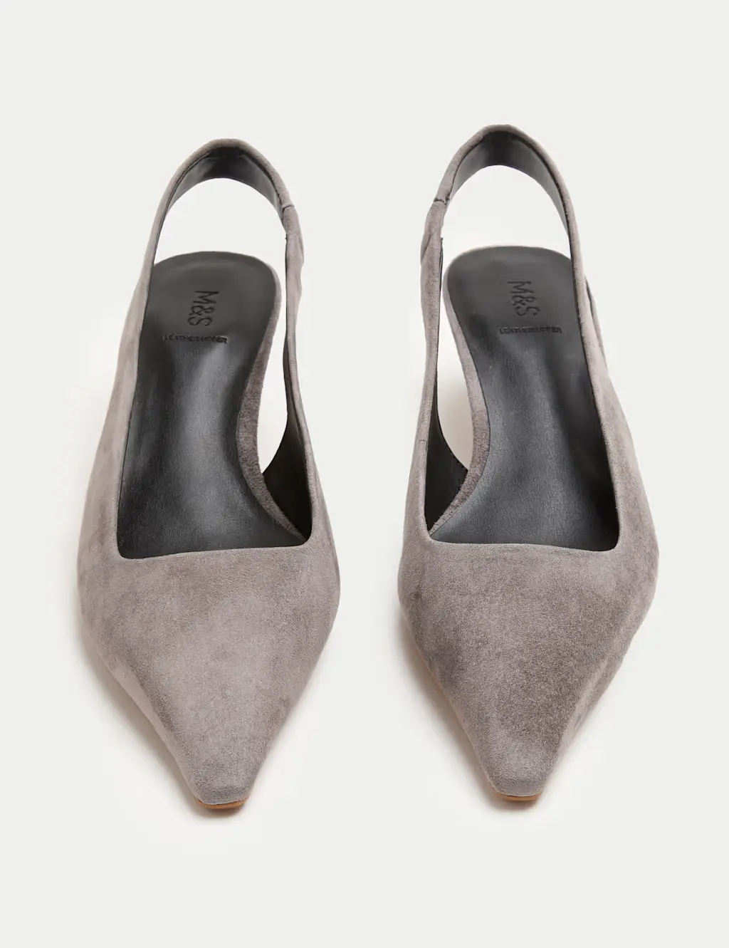 Grey pointed suede slingback heels