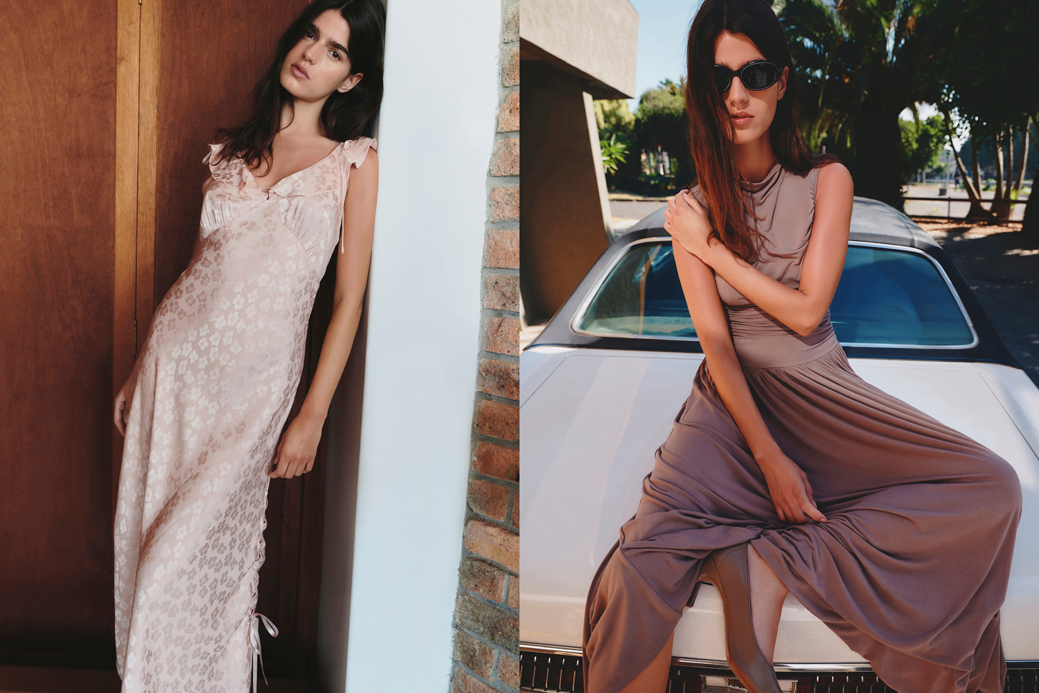 Two images of women in pink dresses