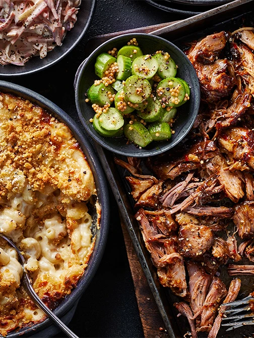 Shredded meat, mac and cheese, bowl of jalapenos 