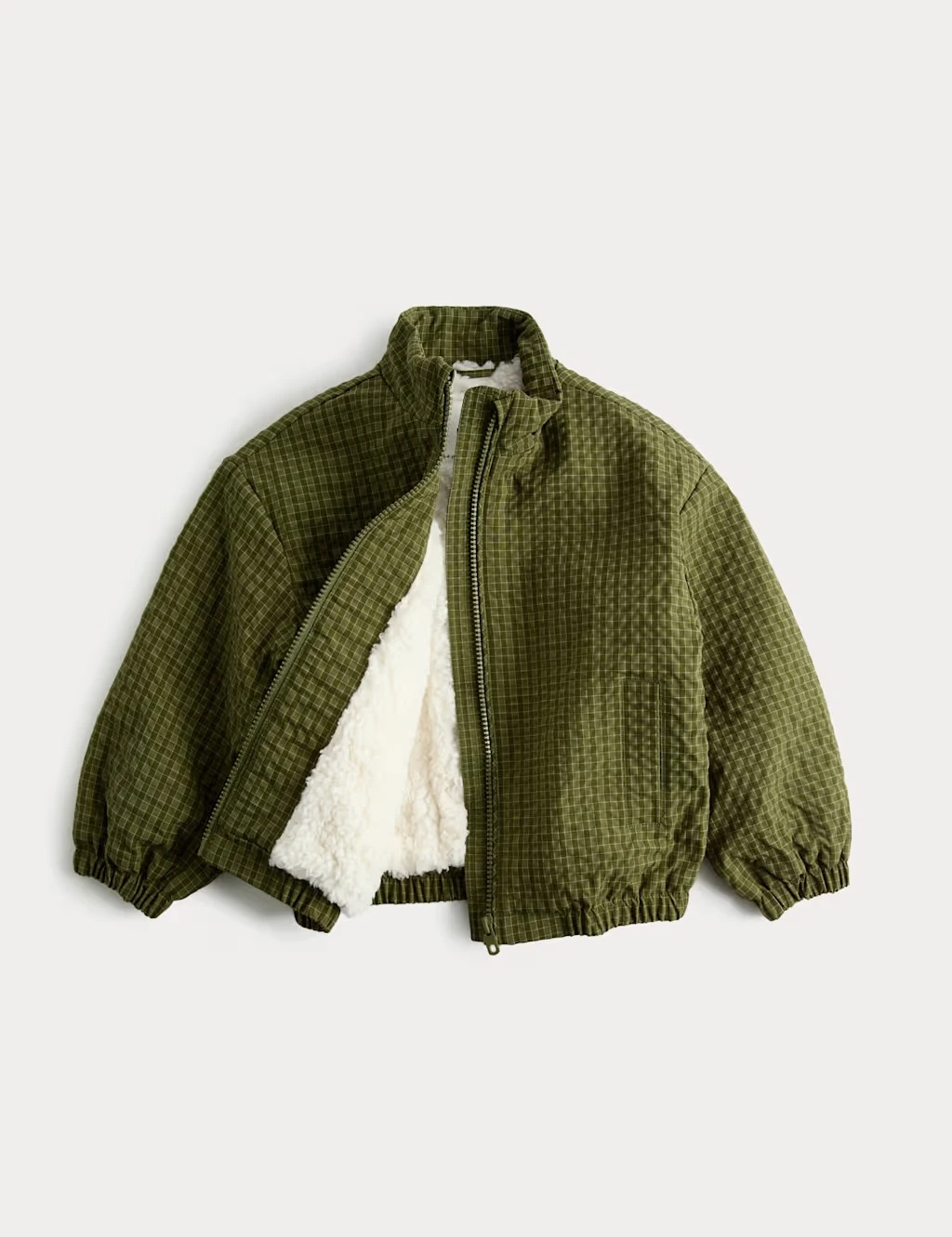 Green borg-lined kids boys jacket with a checked pattern.