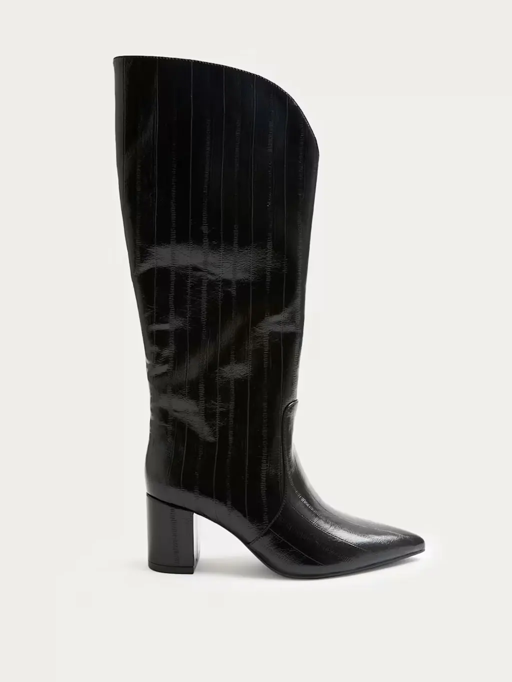 Black eel-print knee-high boots