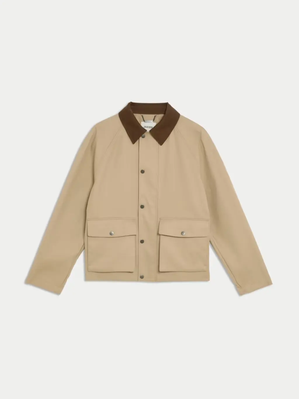 A cutout of a short beige trench coat for men by Jaeger against a pale background