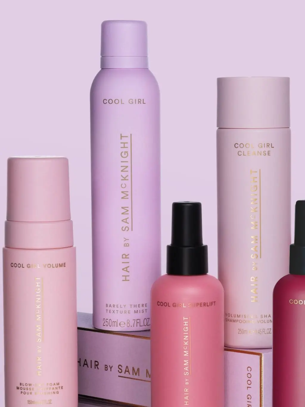 A range of Hair by Sam McKnight products lined up against a lilac background