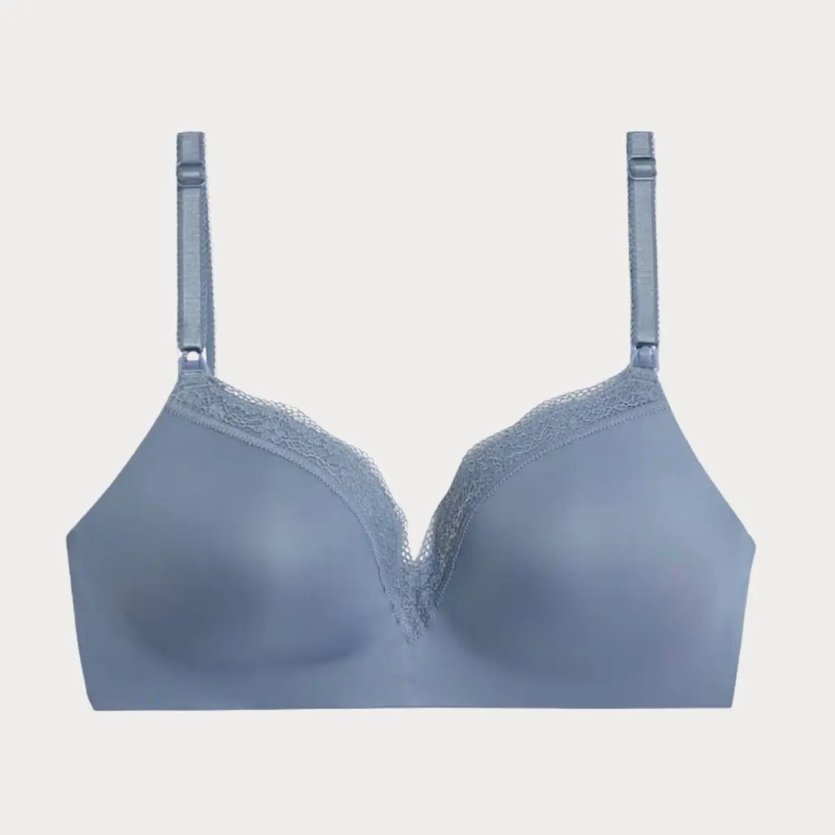 A cutout of a soft blue lace trim maternity bra by M&S