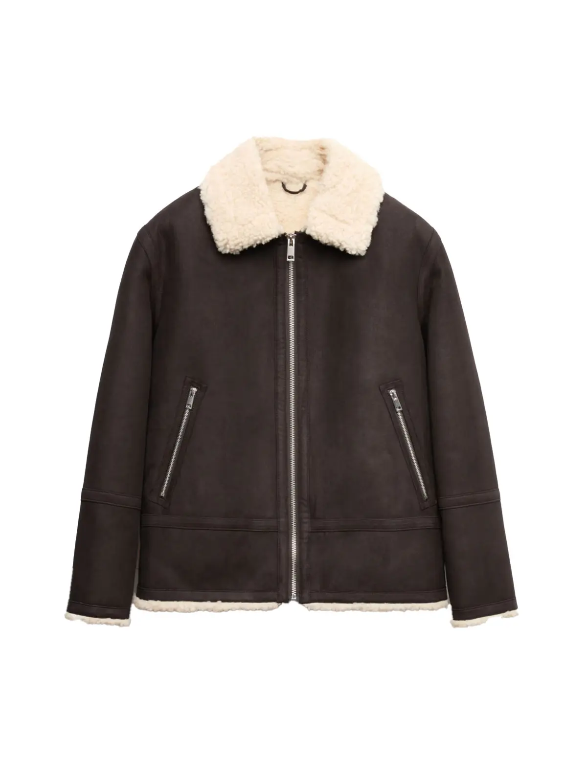 Brown leather jacket with borg collar and zip-up side pockets