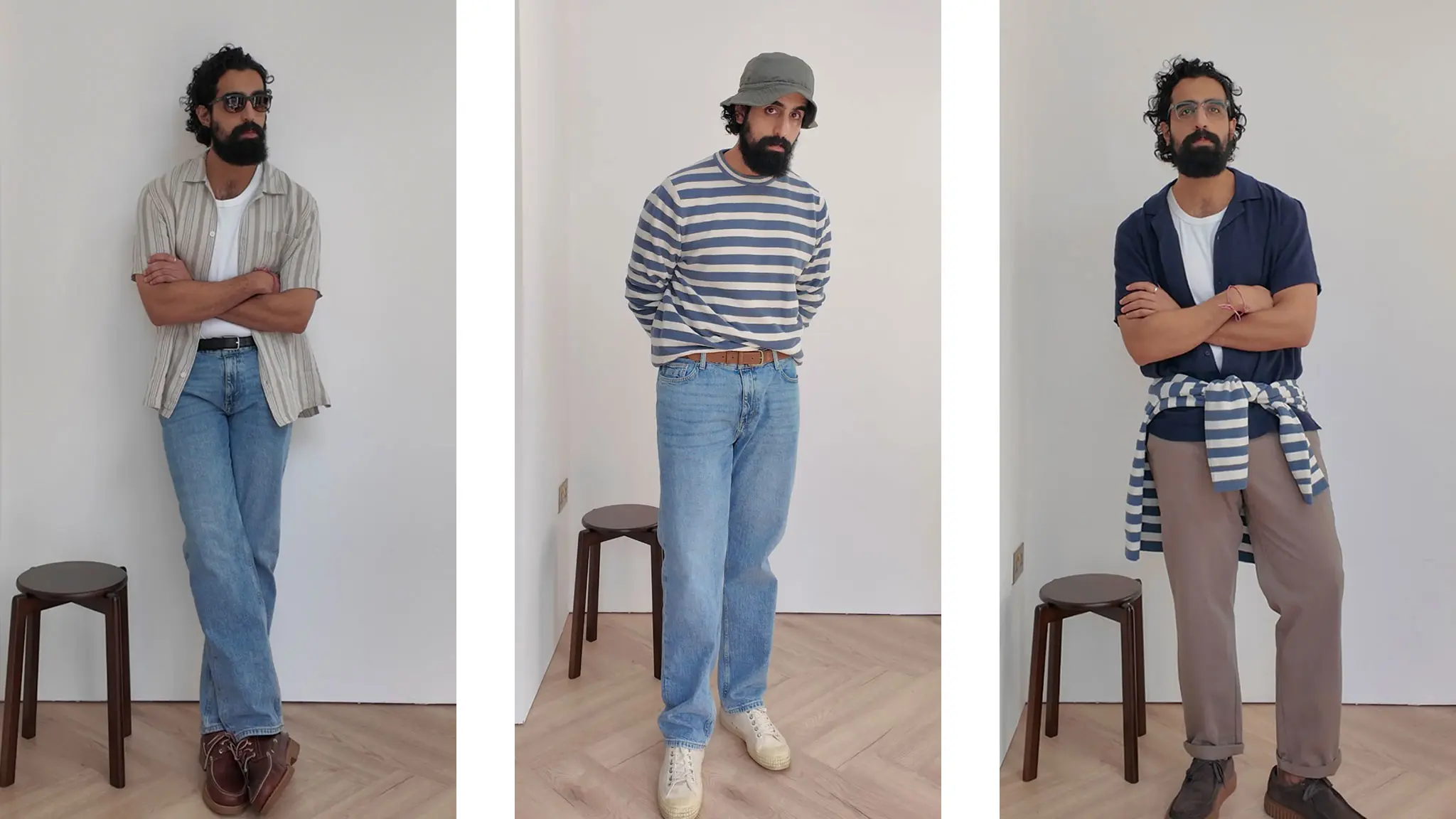 Tom Cheema wearing different light layering outfits