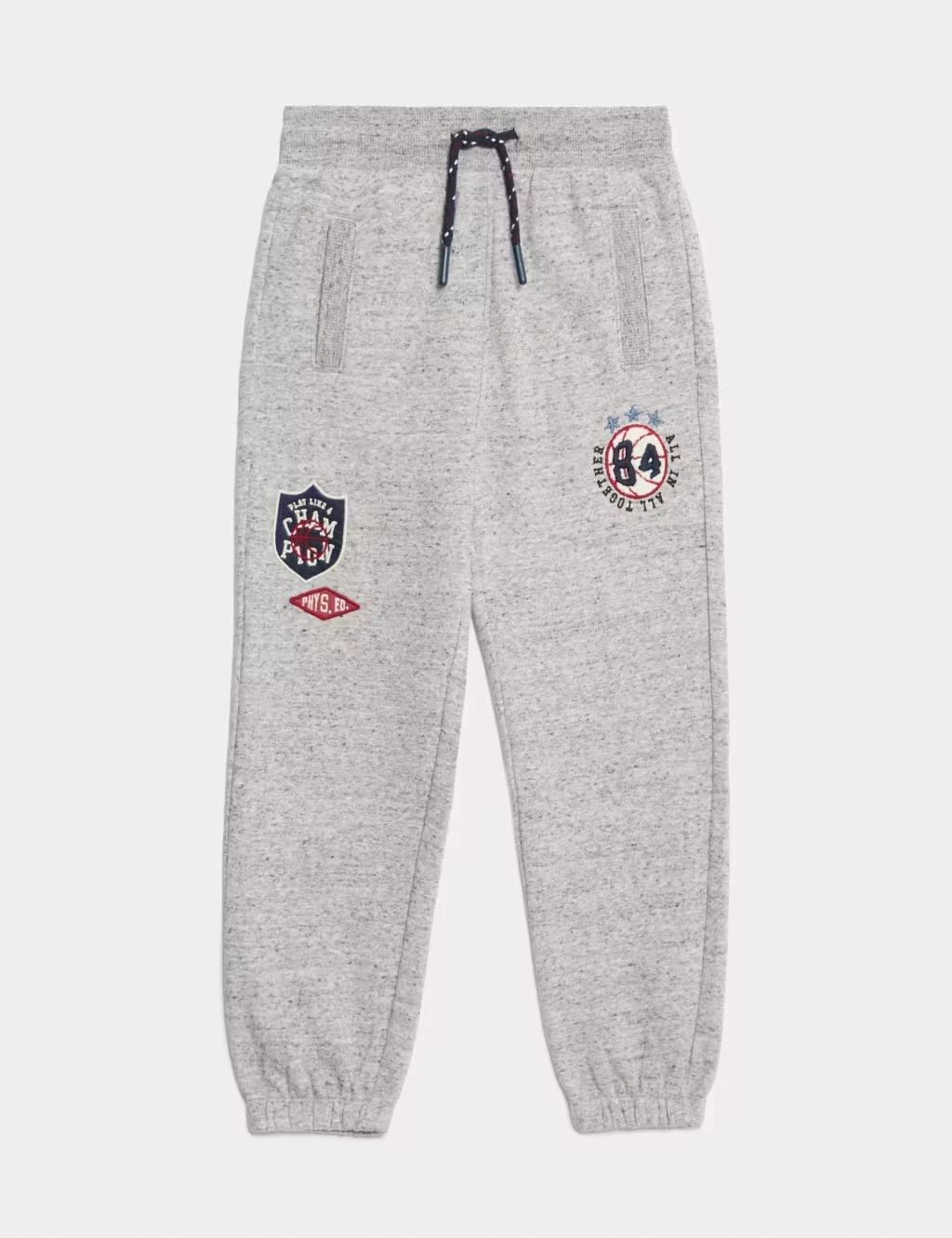 Boys' grey joggers with embroidered sports patches