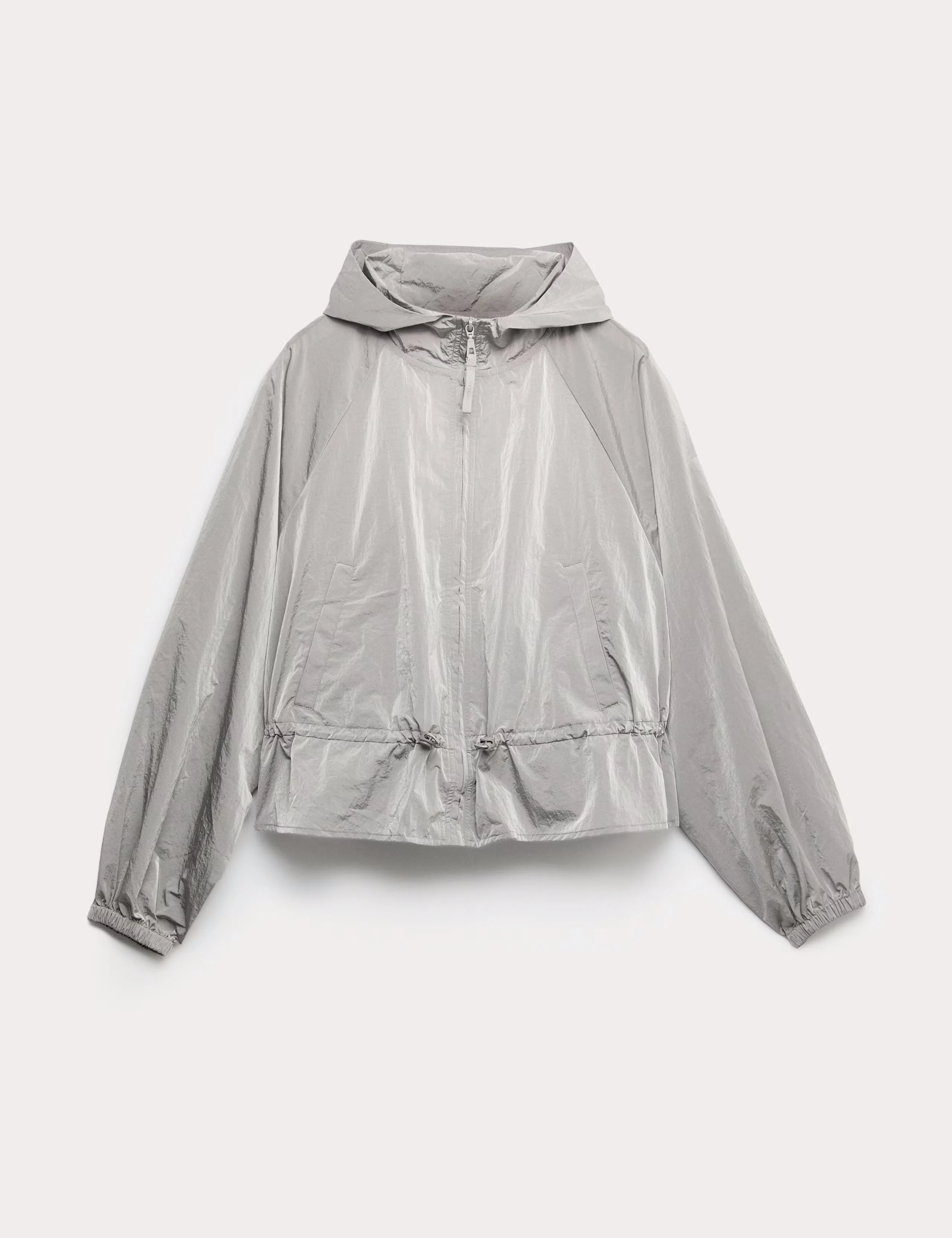 A silver running jacket with a drawstring waist