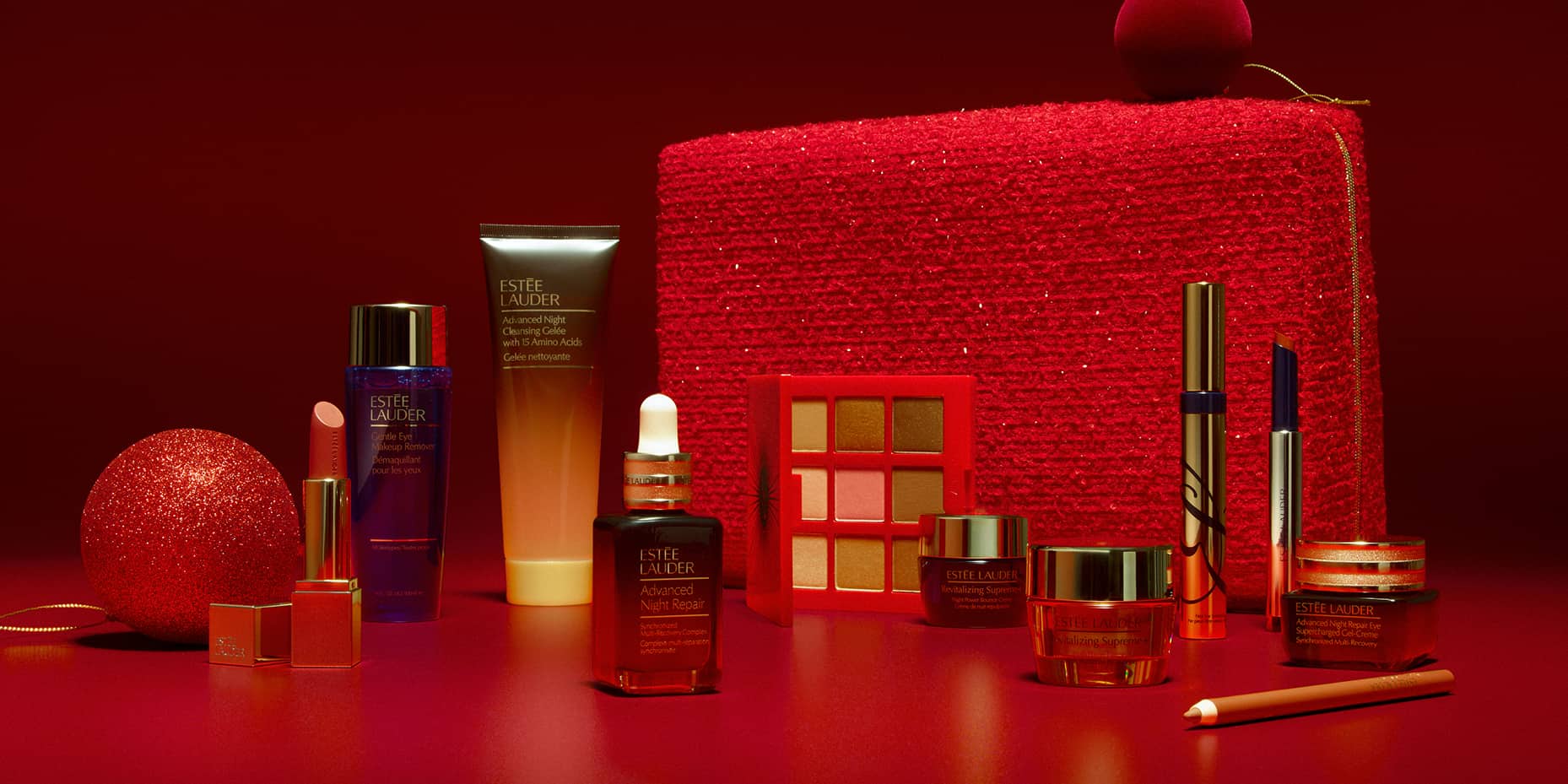 Makeup in front of red bag