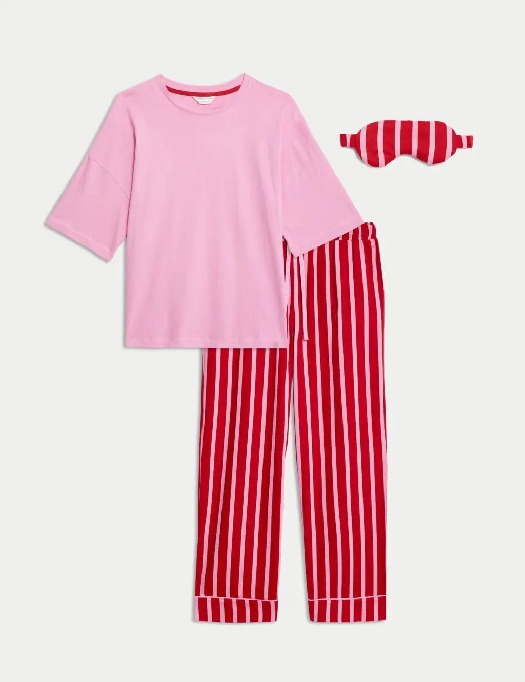 Women's pink striped pyjama set with eye mask
