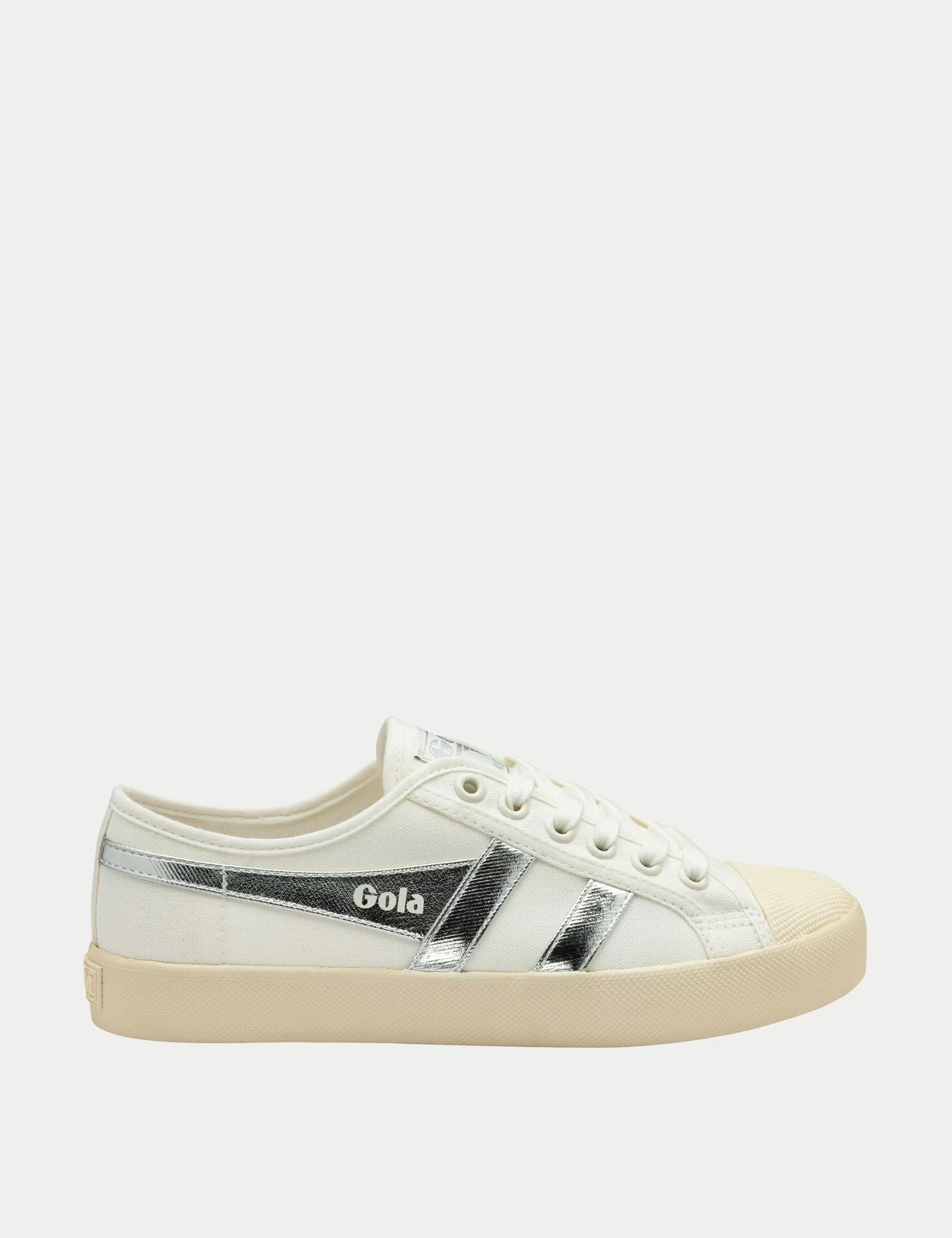 White Gola trainers with a metallic silver panel on each side.
