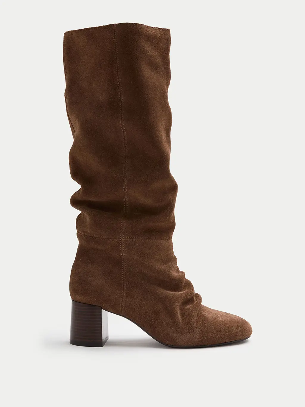 Brown ruched knee-high boots