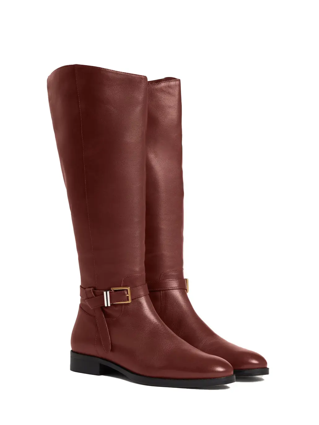 Brown leather riding boots with gold buckle detail