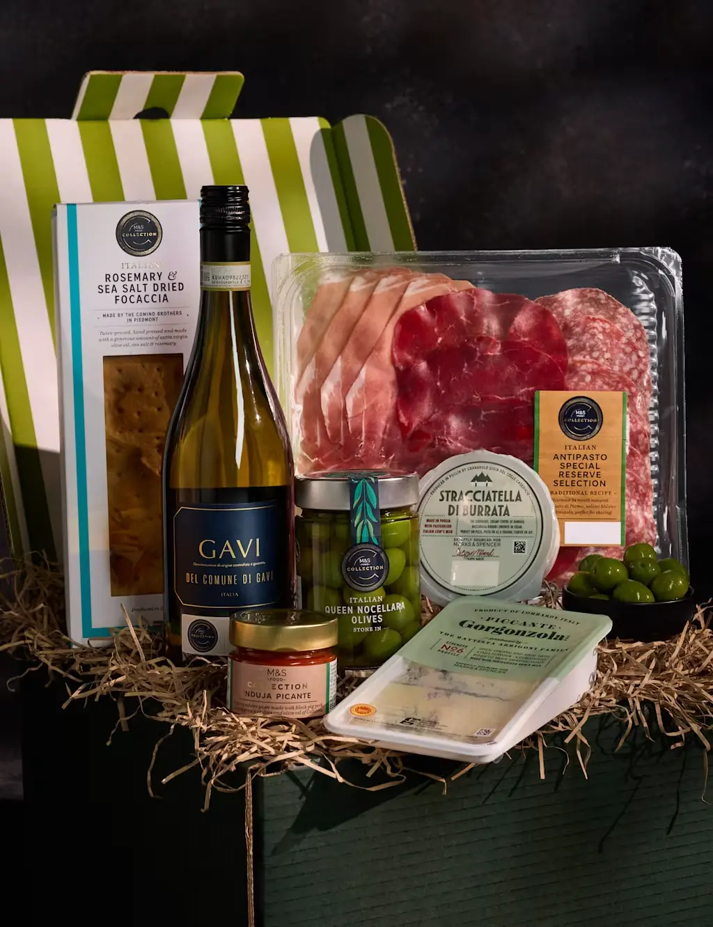 Box of Italian wine, meats, and cheese