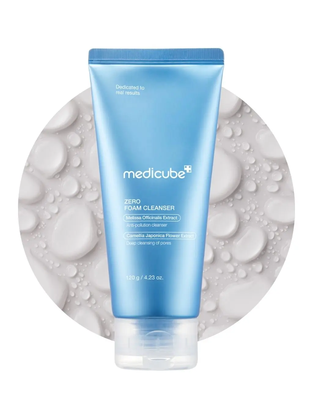 A tube of Medicube’s Zero Foam Cleanser against a backdrop of water