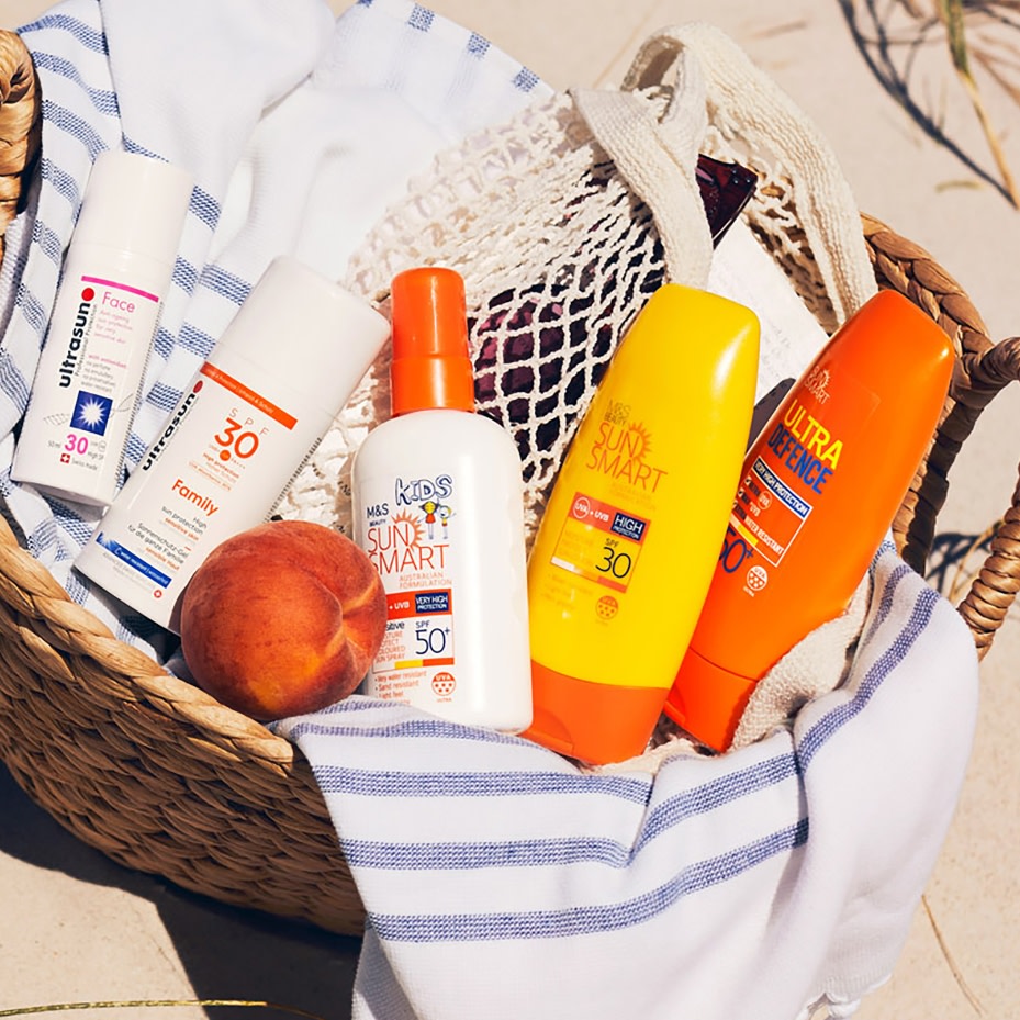 Selection of beauty products. Shop Sun cream