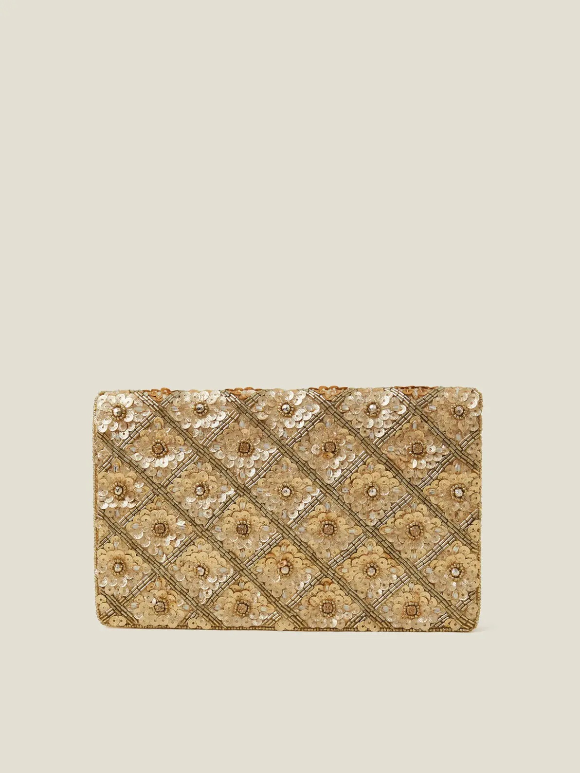 Gold clutch bag with chain strap and sequin details