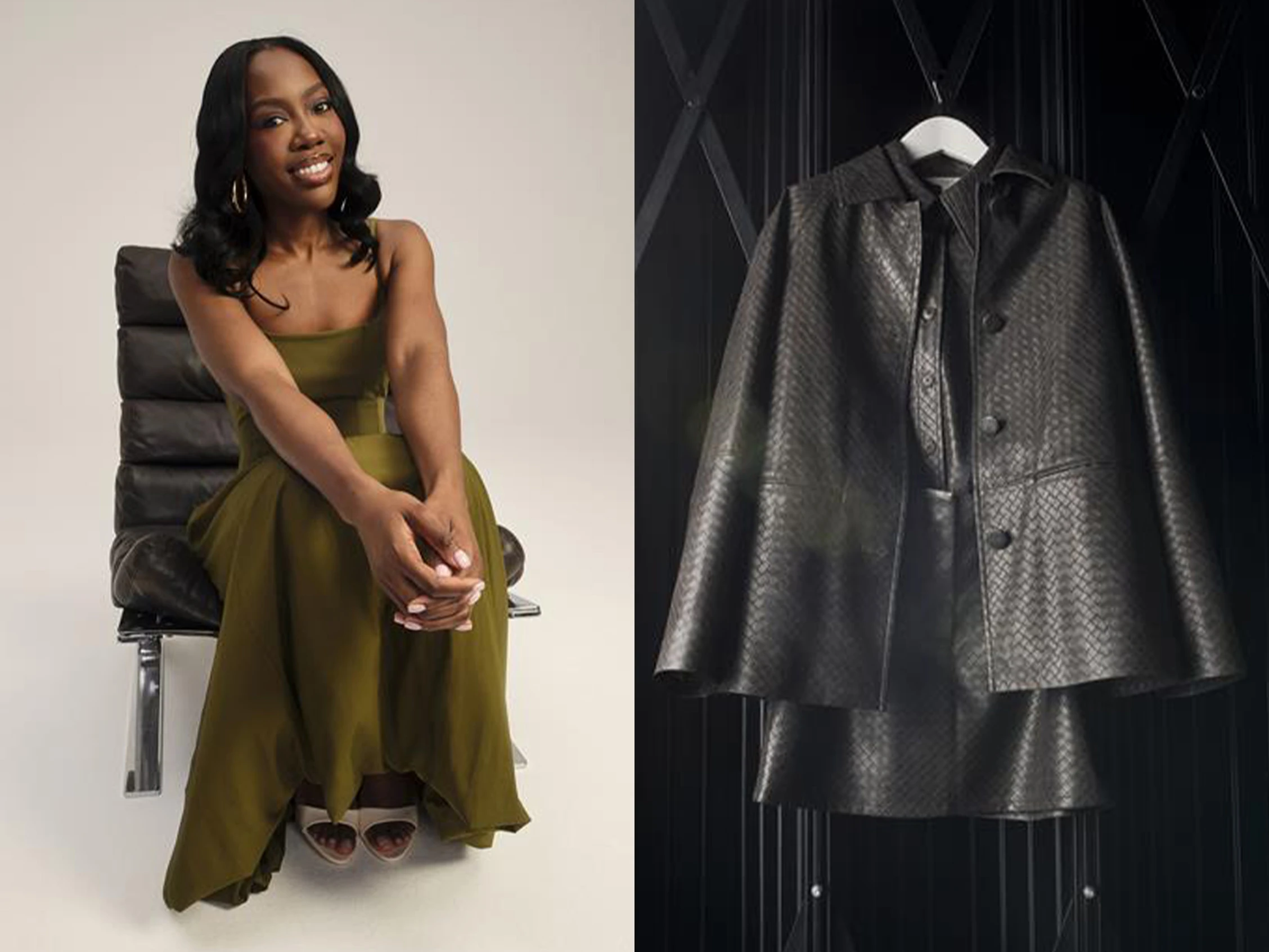 Side-by-side collage of woman wearing green dress and co-ordinating outfit