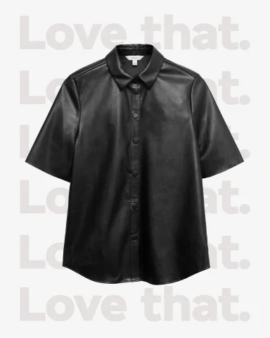 Black faux-leather collared shirt