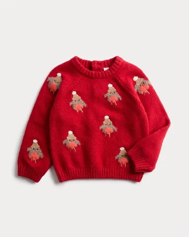 A red jumper featuring robins for babies and toddlers