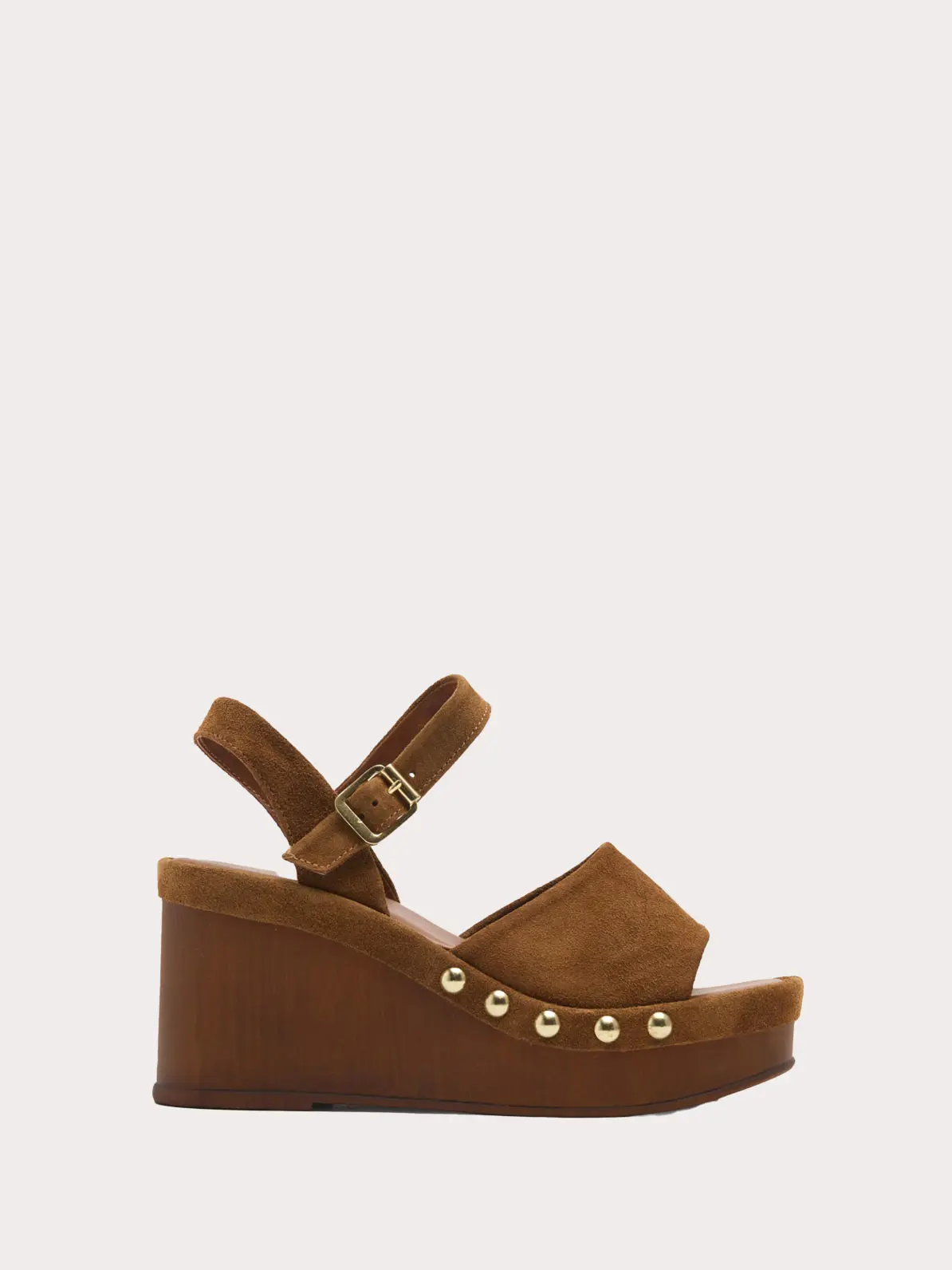 Suede wedge platform heel in brown with gold studded details 