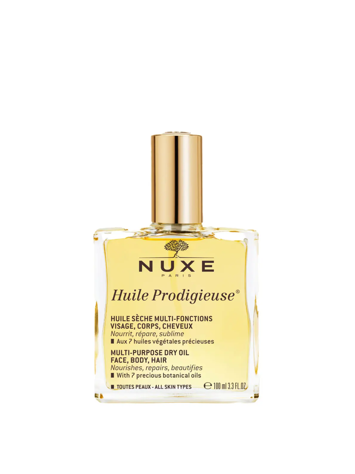 Square bottle of multi-purpose oil from Nuxe with gold cap
