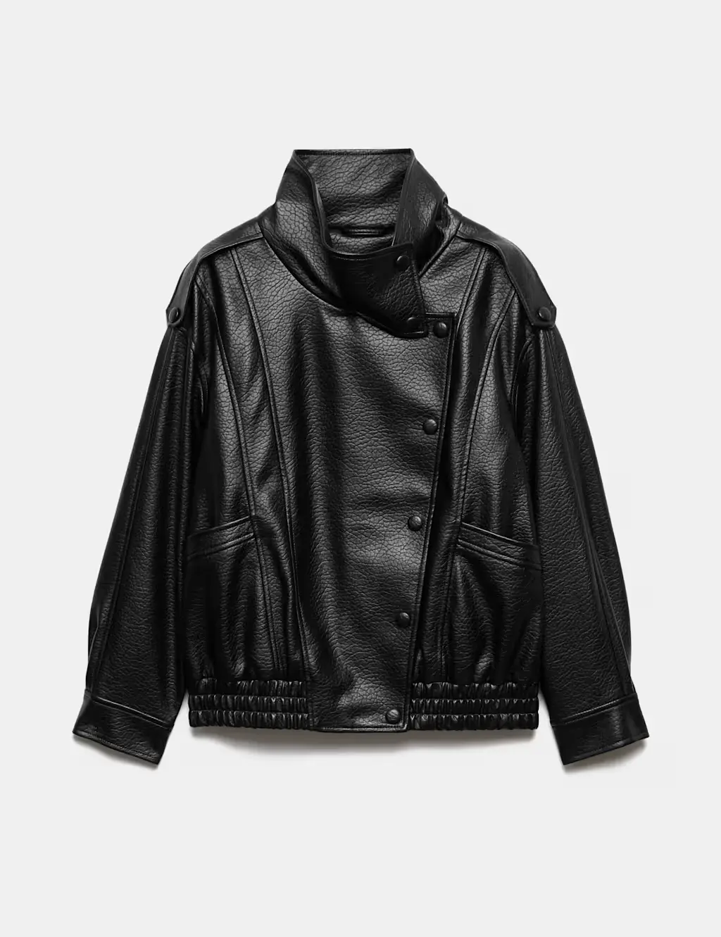 Faux Leather Funnel Neck Bomber Jacket