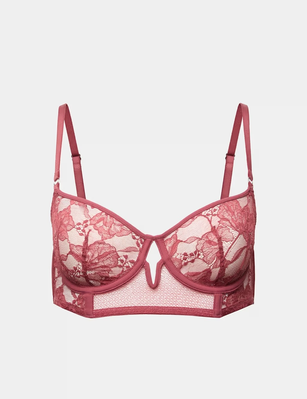 Red lace longline bra with a floral pattern.