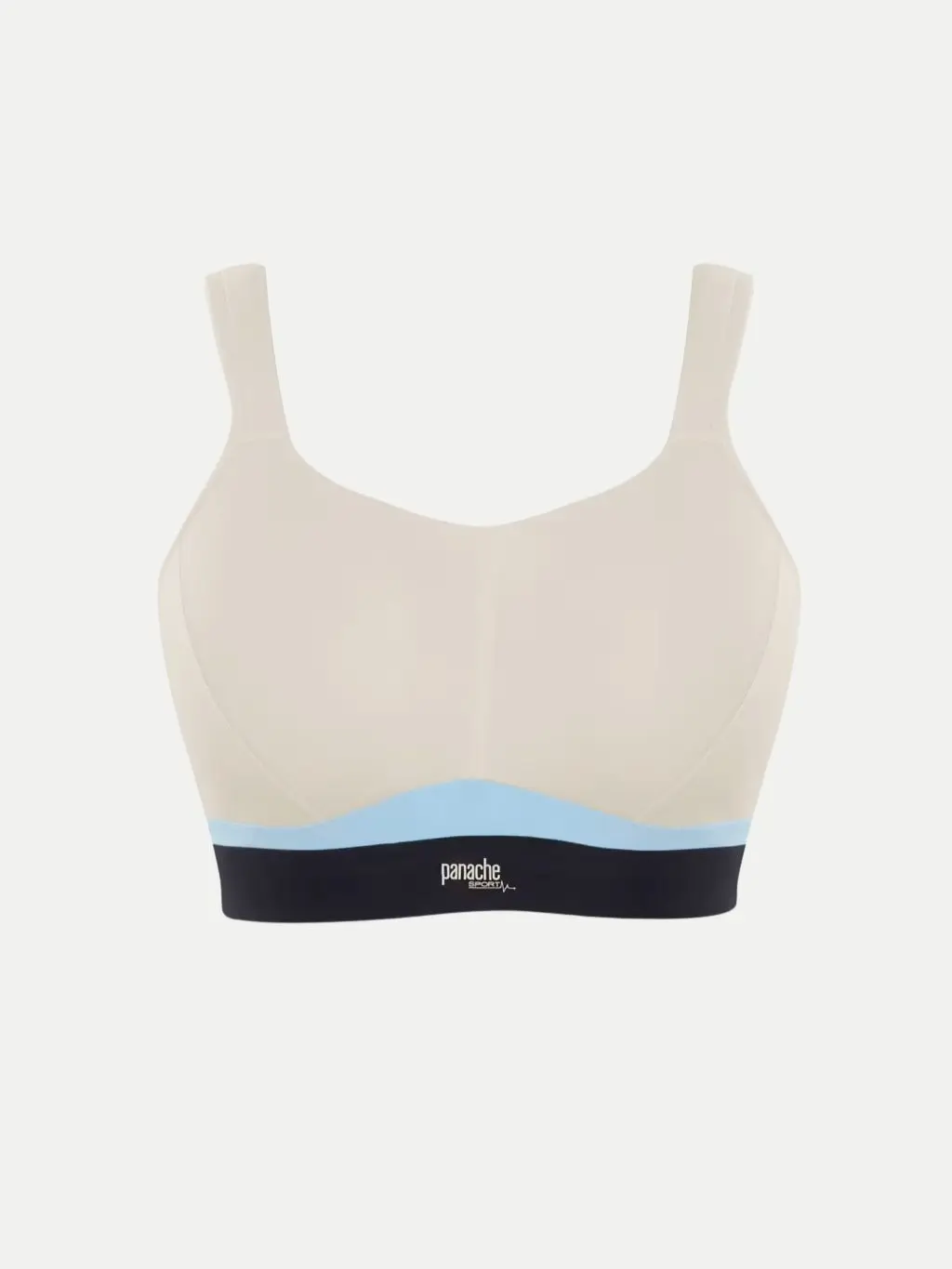 A cutout of a cream, blue and black sports bra by Panache