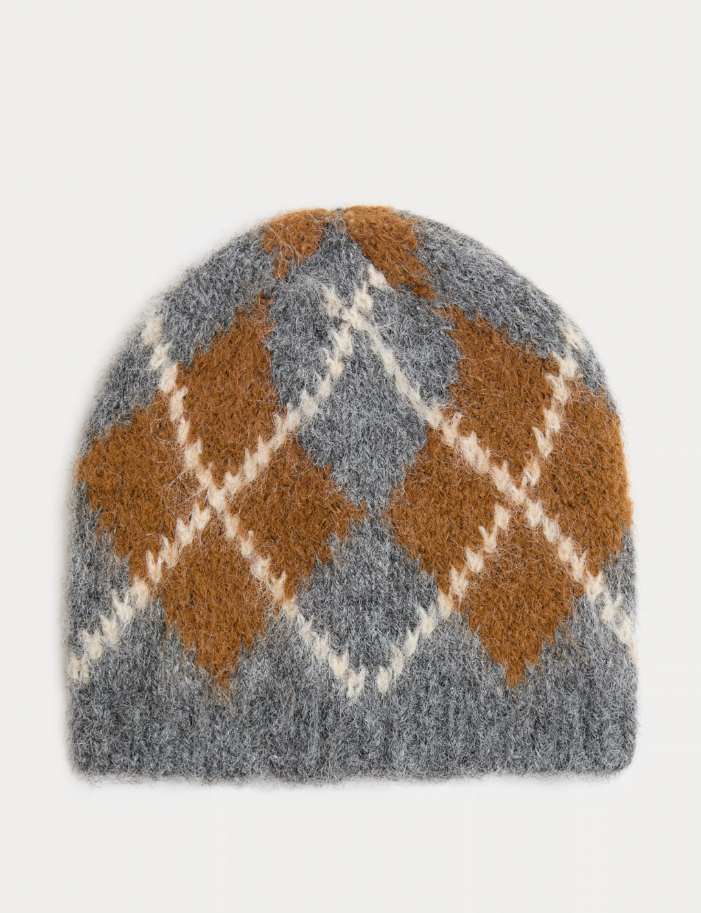 Grey and orange argyle beanie
