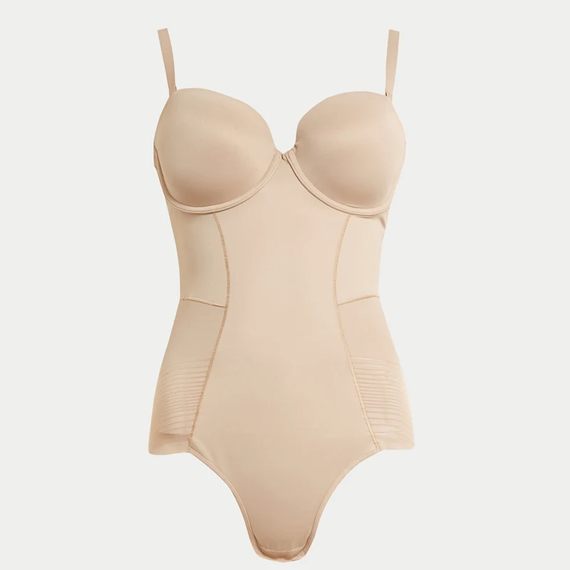 Beige firm-control shapewear bodysuit. Shop now