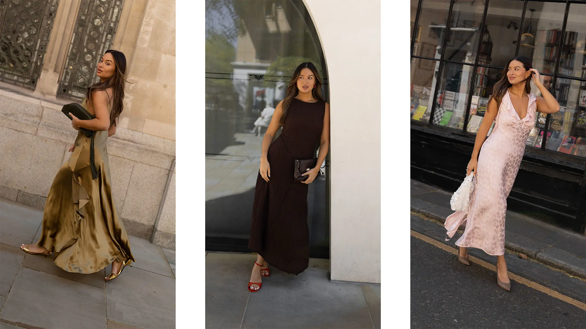 Three images of woman in olive green satin dress, chocolate brown midi dress and pink satin dress