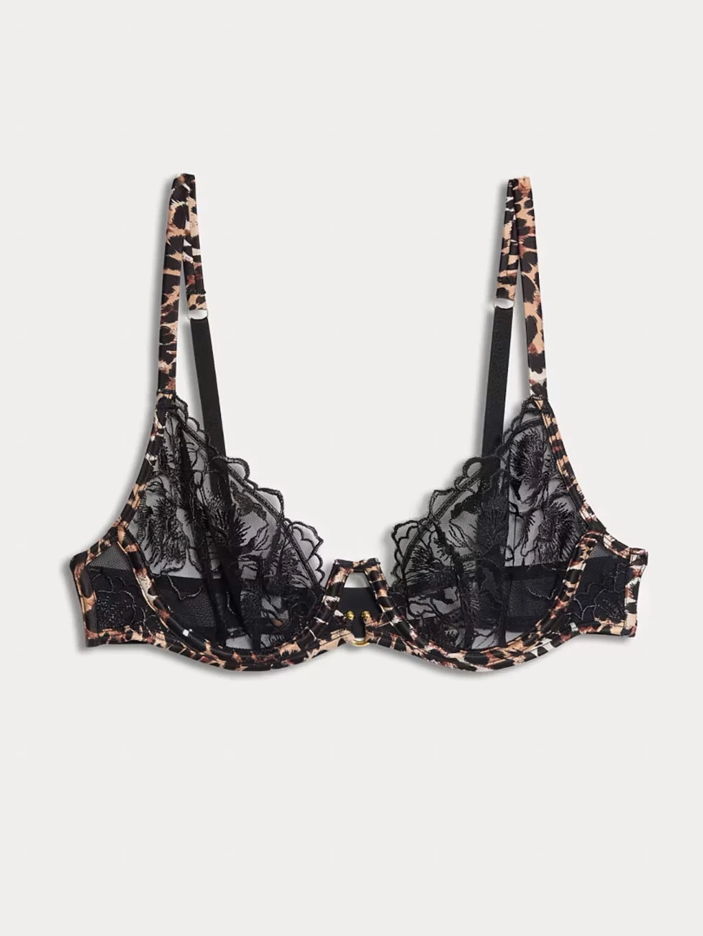 Black leopard-print sheer lace bra