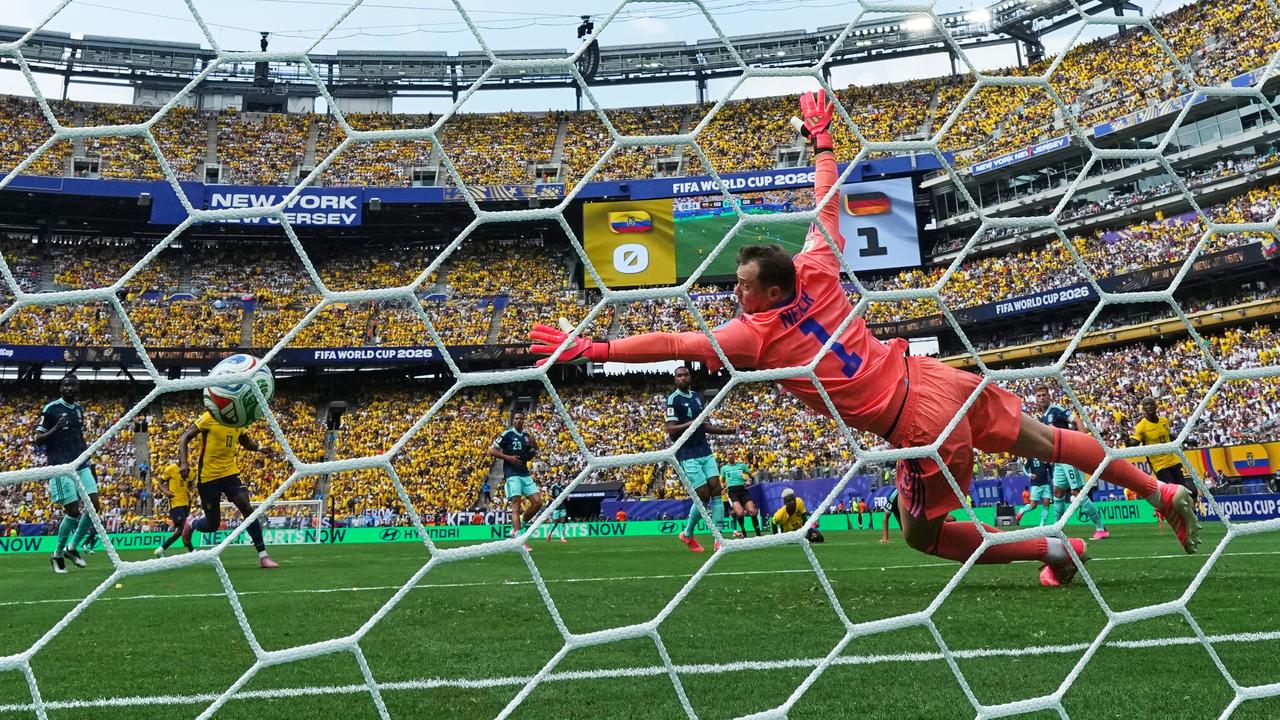 German No. 1 Manuel Neuer is beaten by Nilson Angulo for Ecuador's first goal