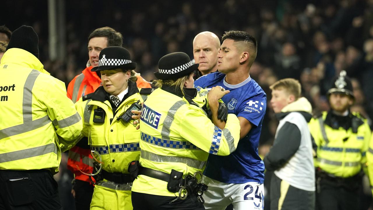 Chaos ensued at the end of the last Merseyside derby at Goodison Park