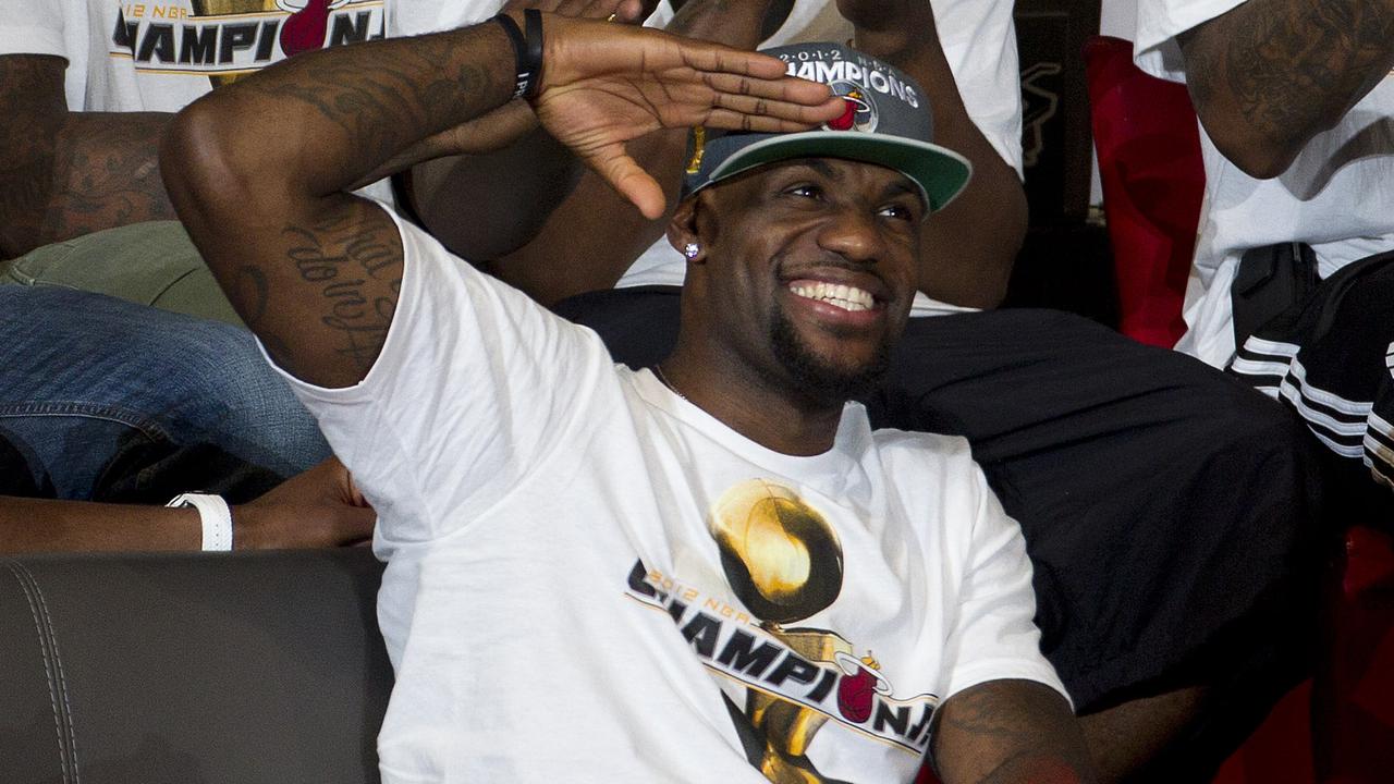 LeBron celebrates his first NBA championship title in 2012 with Miami