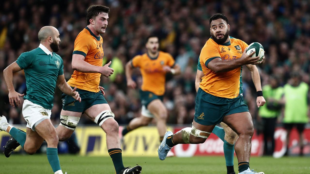 Taniela Tupou on an intercept break that led to an Australia penalty