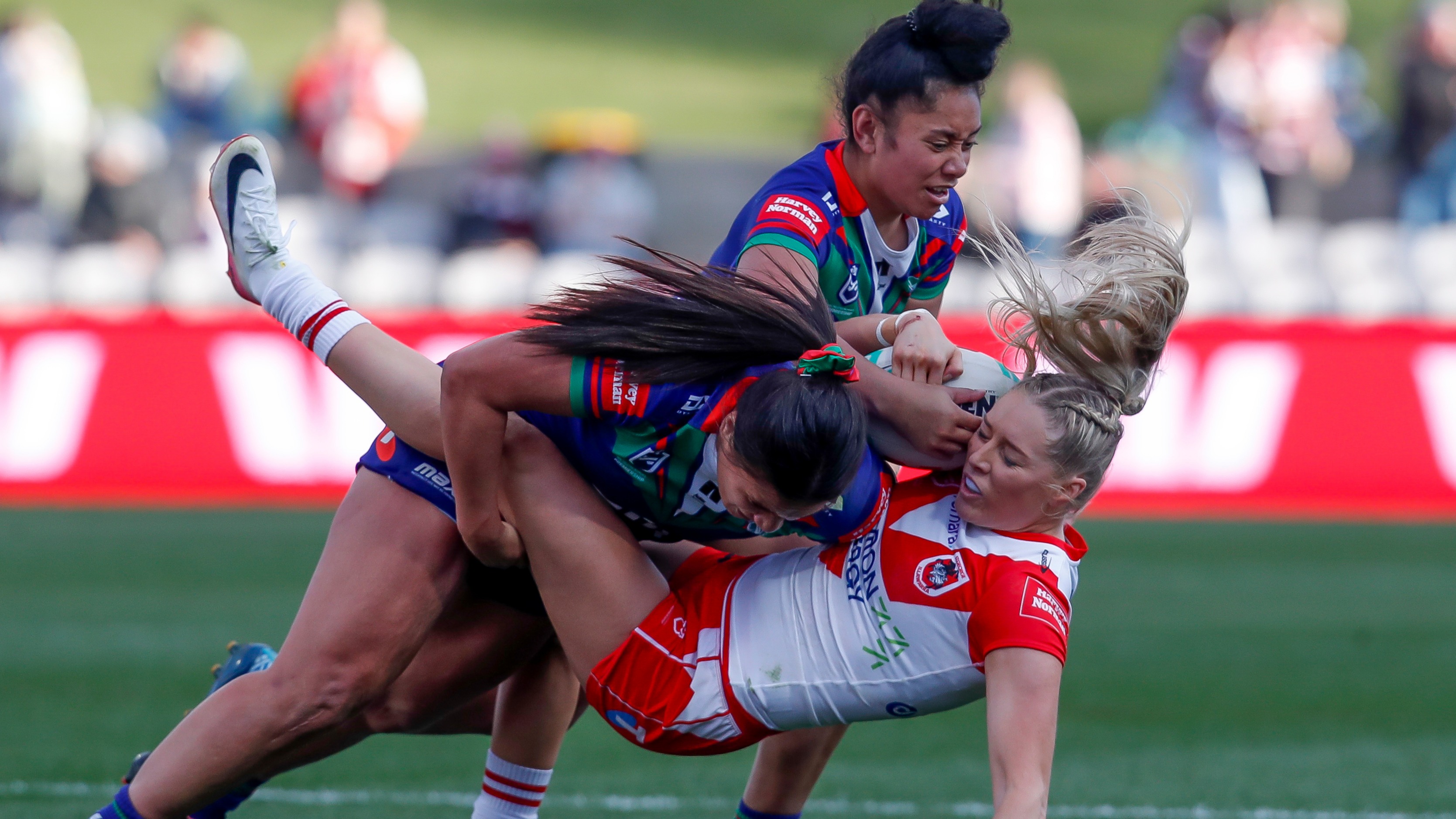 Shakira Baker and Emmanita Paki tackle Teagan Berry
