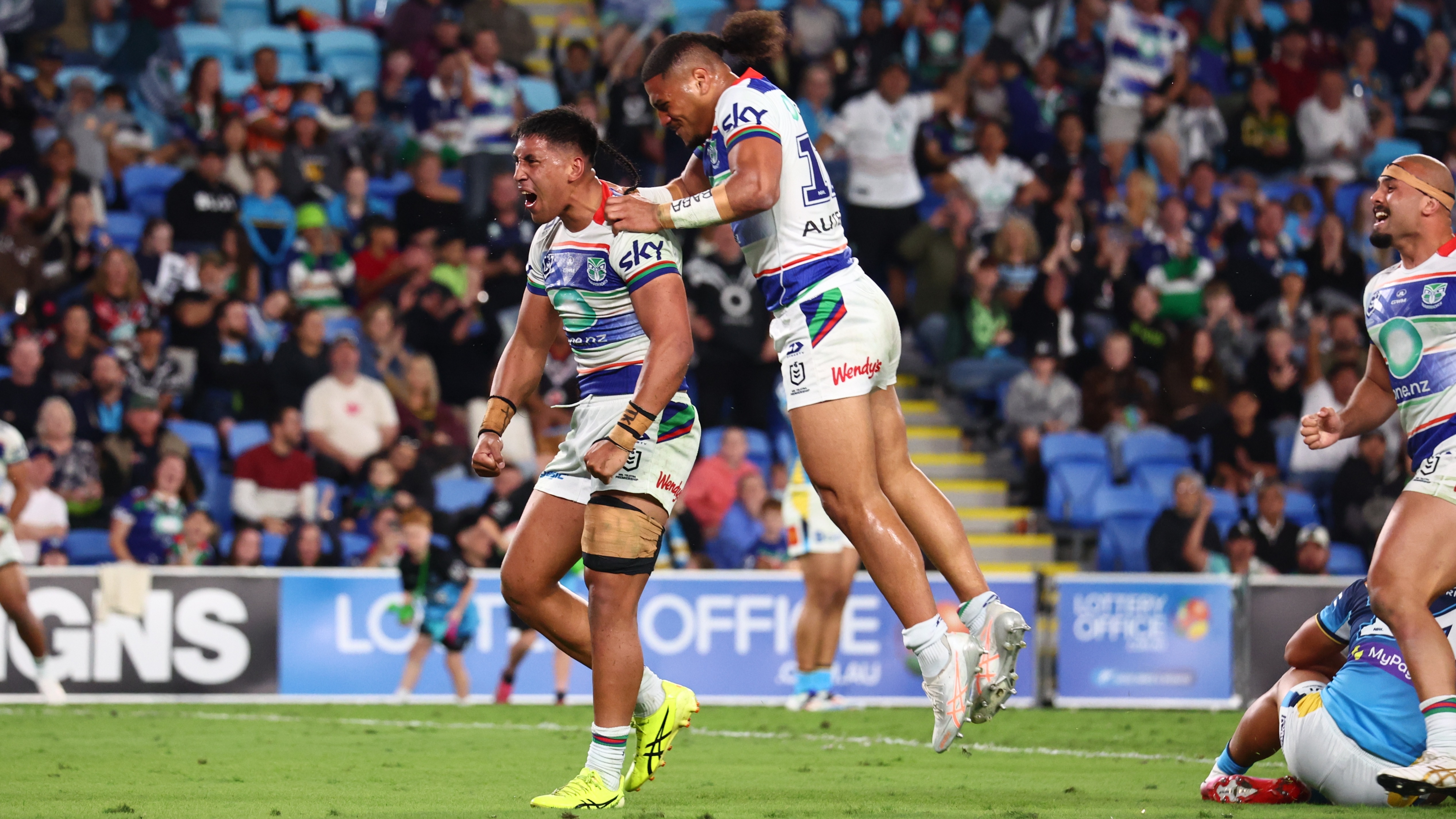 Eddie Ieremia-Toeava celebrates scoring his first NRL try