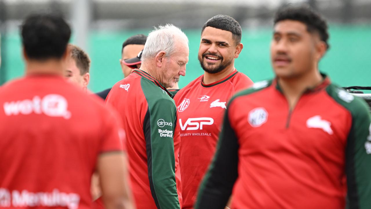 Souths coach Wayne Bennett and Latrell Mitchell