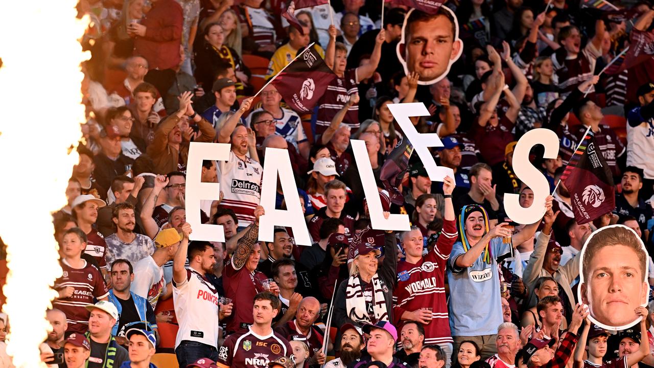 Manly fans enjoying the atmosphere during their Magic Round clash against Brisbane in May